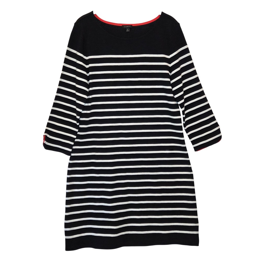 NWT TALBOTS Womens Black White Striped Cotton Knit Boat Neck Sheath Dress Size M